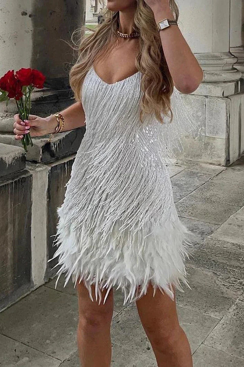 Robe Mini de Fête en Plumes Mignonne