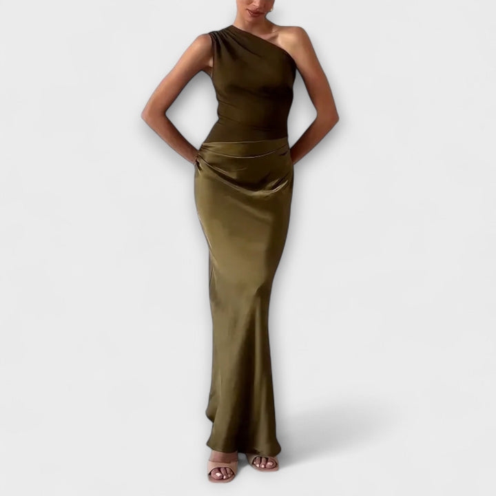 Robe Maxi Plissée Élégante à Épaule Unique