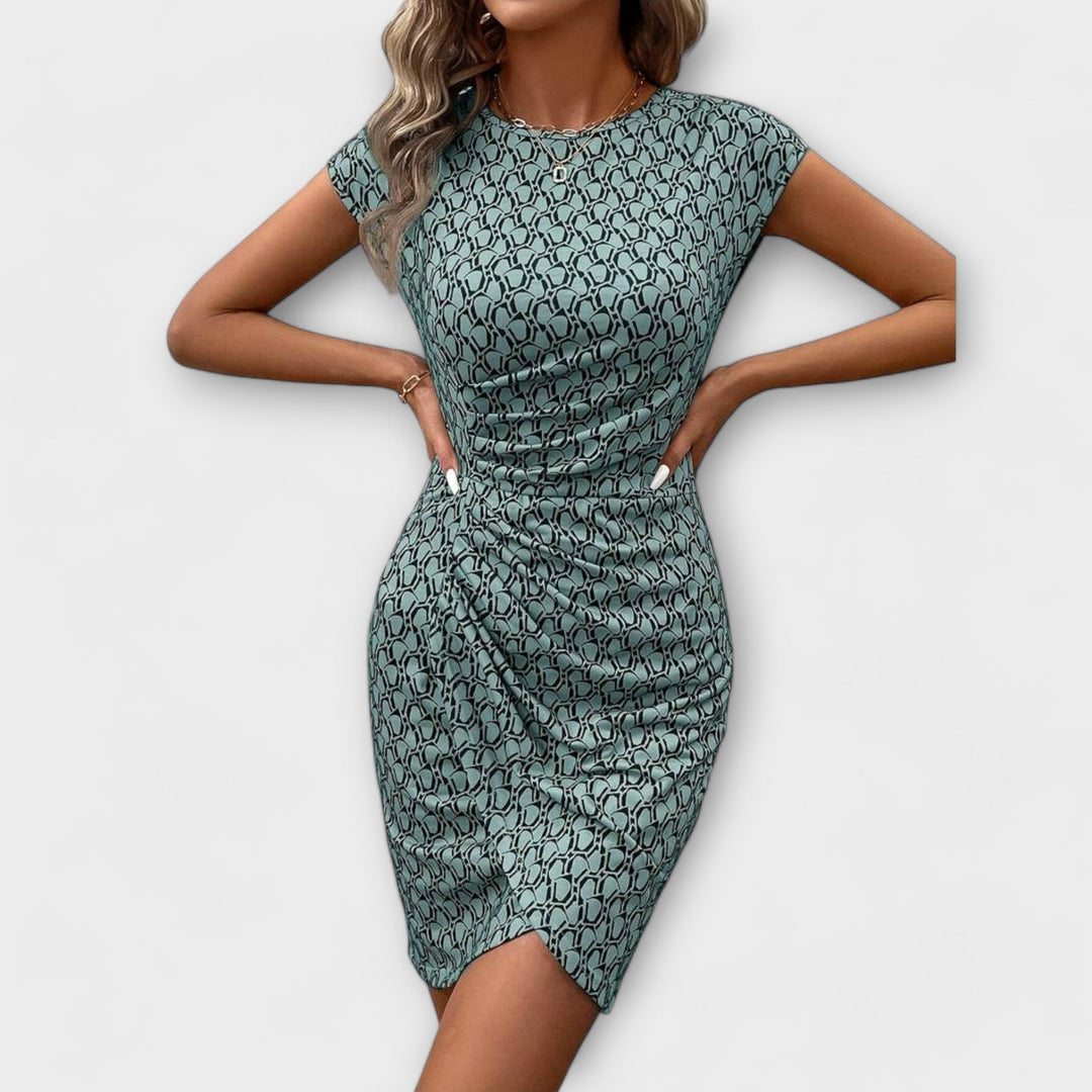 Emma - Robe Tulipe à Manches Courtes avec Motif Intégral