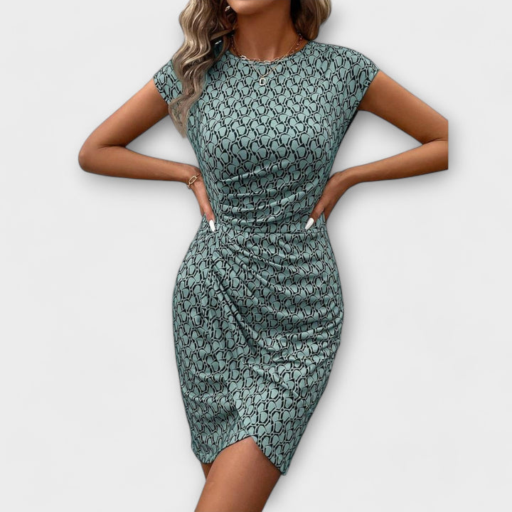 Emma - Robe Tulipe à Manches Courtes avec Motif Intégral
