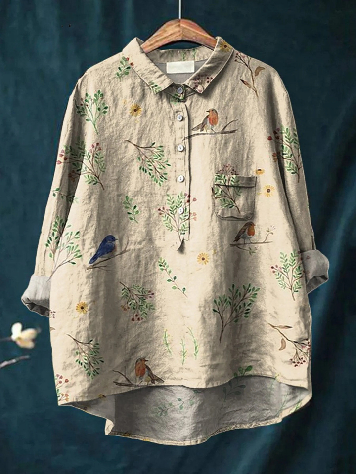 Jimena | Chemise Casual pour Femme avec Imprimé de Branches et Oiseaux Robin