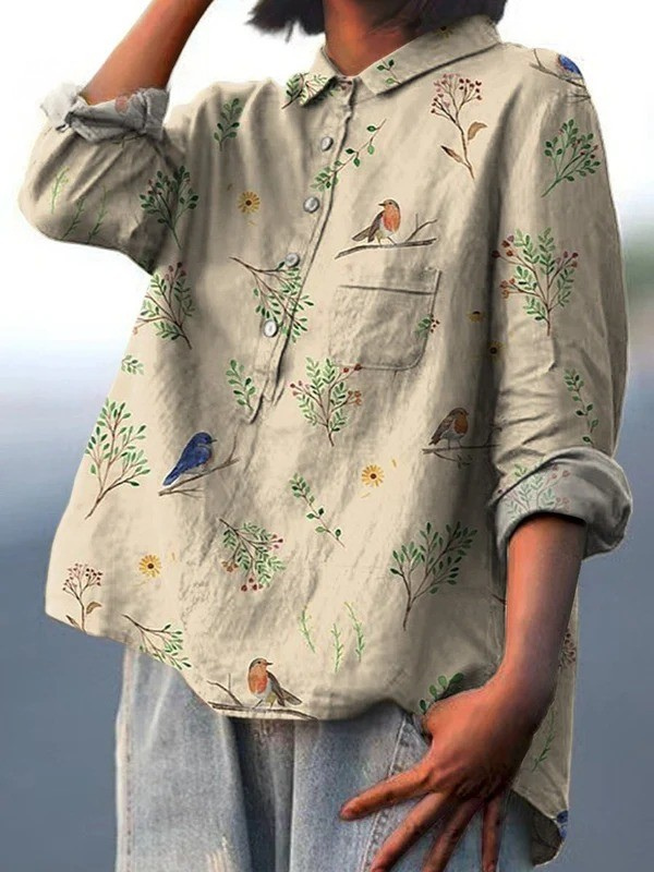 Jimena | Chemise Casual pour Femme avec Imprimé de Branches et Oiseaux Robin