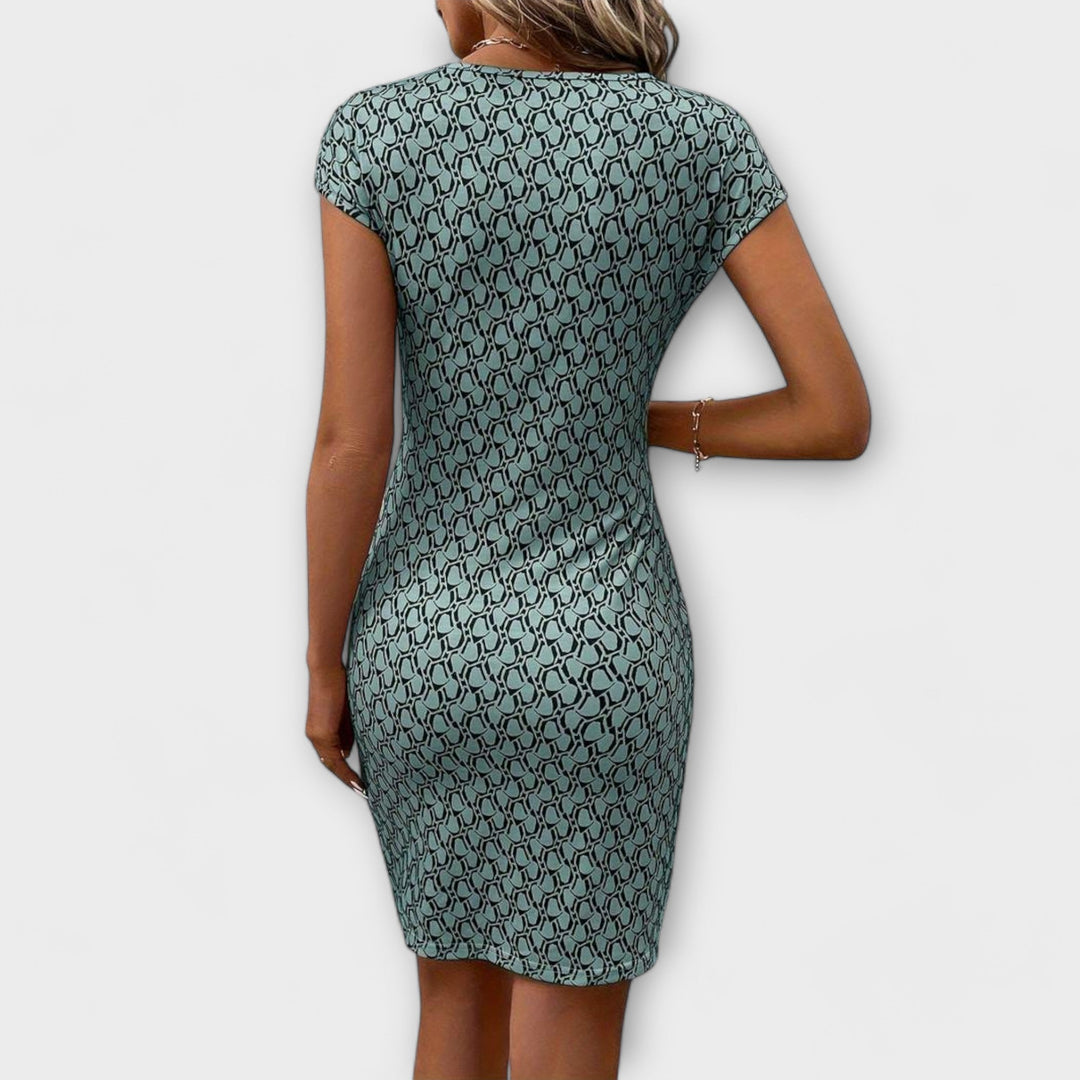 Emma - Robe Tulipe à Manches Courtes avec Motif Intégral