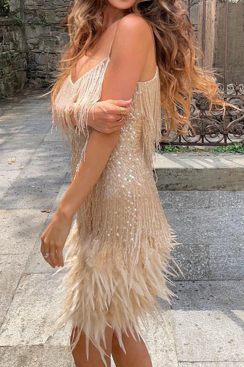 Robe Mini de Fête en Plumes Mignonne