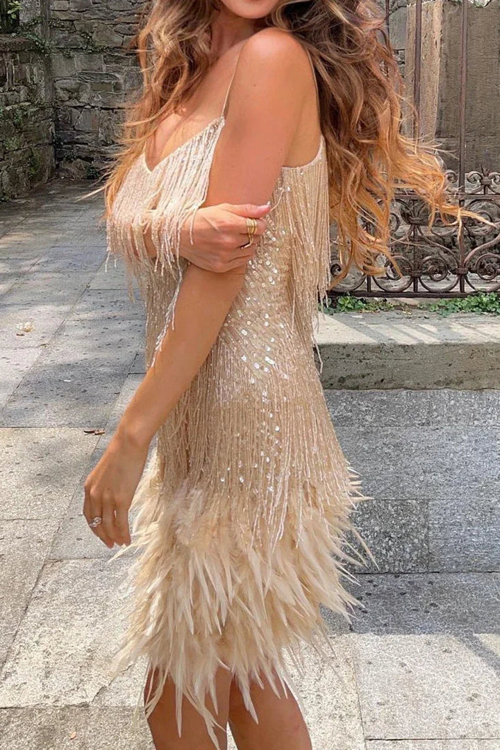Robe Mini de Fête en Plumes Mignonne