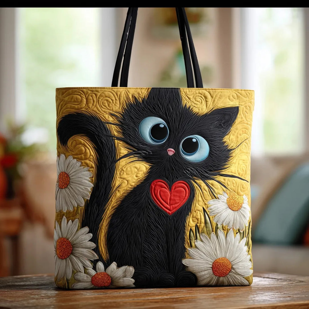 Borsa™ Artisanale Chat Noir avec Cœur et Marguerites