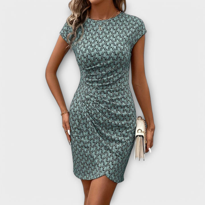 Emma - Robe Tulipe à Manches Courtes avec Motif Intégral
