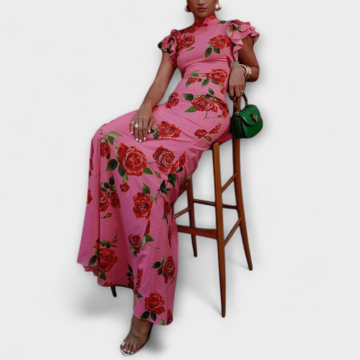 Luna - Robe Maxi avec Imprimé Floral, Découpe Étagée et Manches Cloche