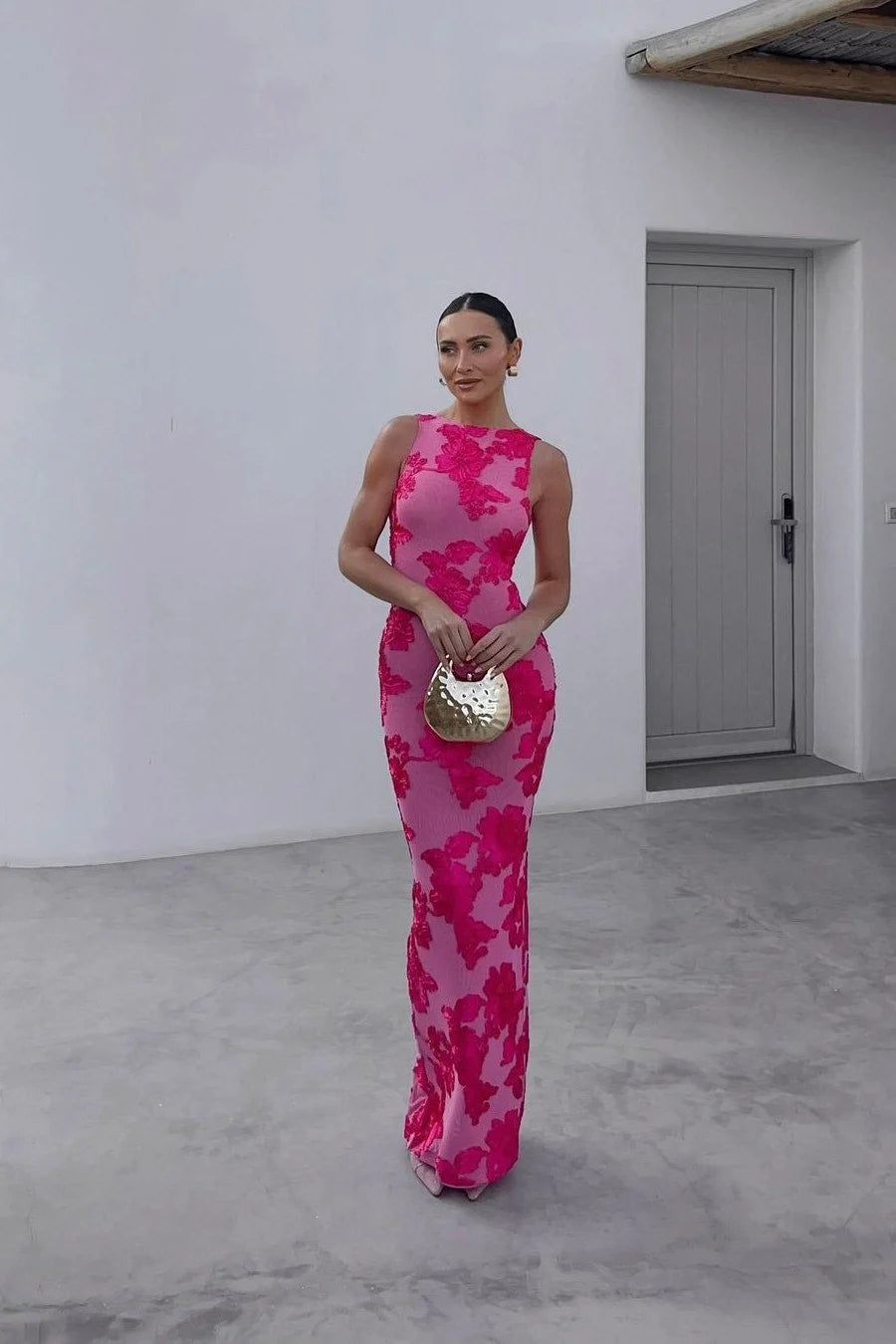 Robe de Soirée Maxi Sans Manches Brodée de Fleurs