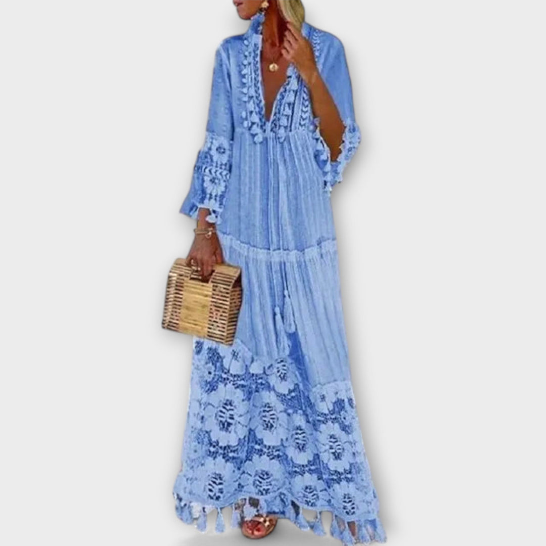 Robe Longue de Style Bohémien Classique avec Manches Longues, Dentelle et Franges