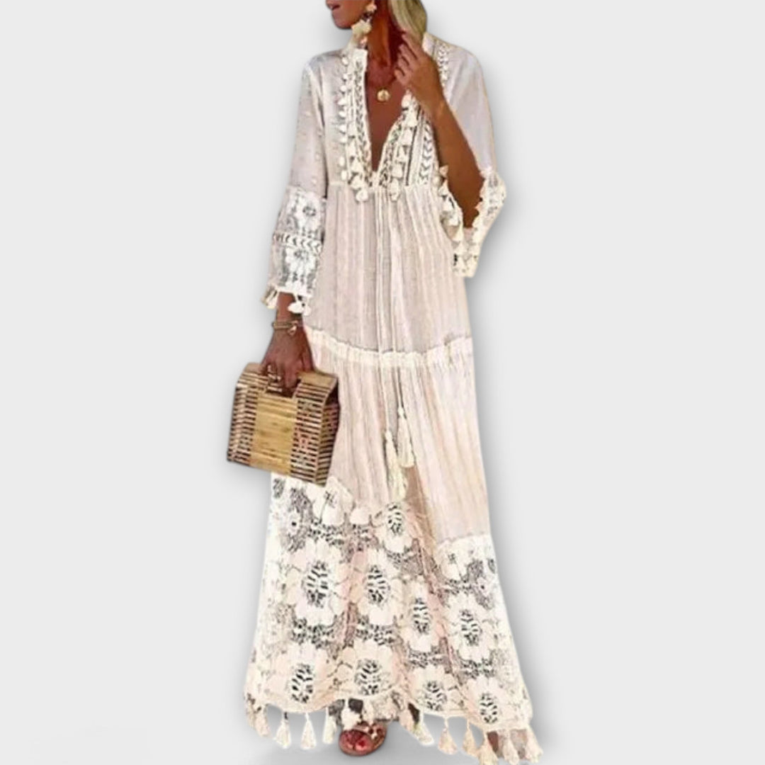 Robe Longue de Style Bohémien Classique avec Manches Longues, Dentelle et Franges