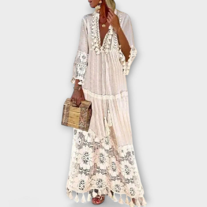 Robe Longue de Style Bohémien Classique avec Manches Longues, Dentelle et Franges