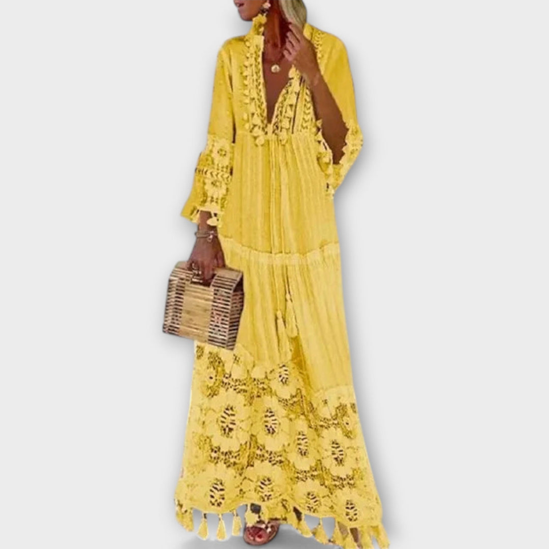 Robe Longue de Style Bohémien Classique avec Manches Longues, Dentelle et Franges