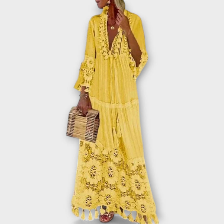 Robe Longue de Style Bohémien Classique avec Manches Longues, Dentelle et Franges