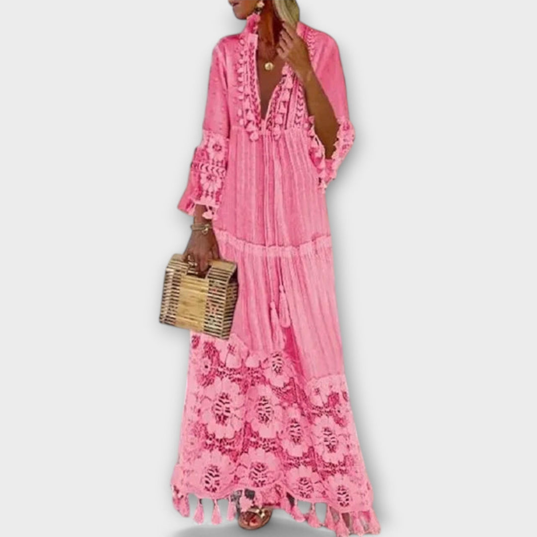 Robe Longue de Style Bohémien Classique avec Manches Longues, Dentelle et Franges