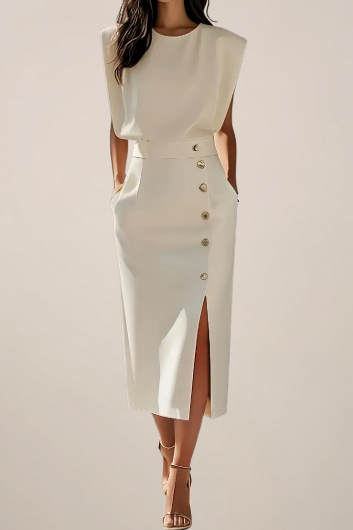 Robe Midi Élégante avec Détail de Bouton et Fente Latérale