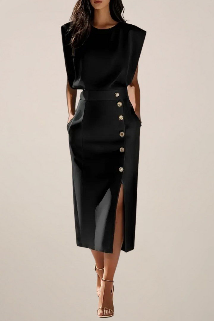 Robe Midi Élégante avec Détail de Bouton et Fente Latérale