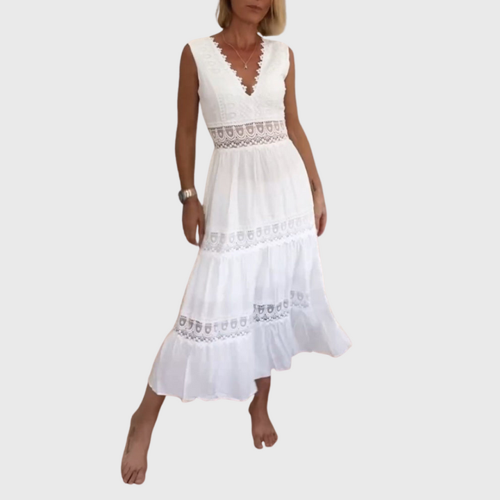 Ninfea | Robe Midi Sans Manches au Style Bohème avec Détails en Dentelle