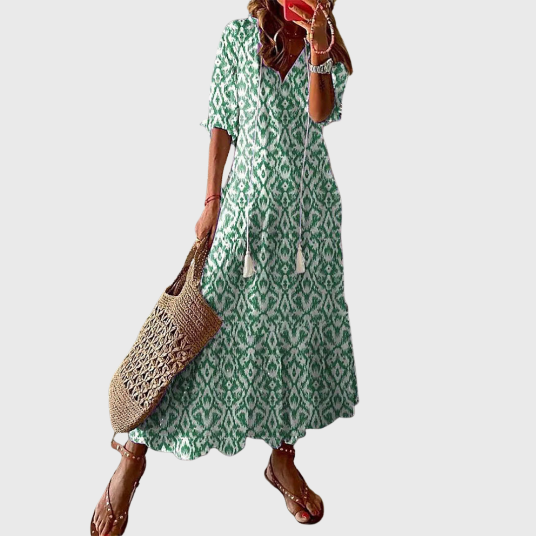 Béatrice | Robe Vintage Boho avec Décolleté en V et Motif à Boutons