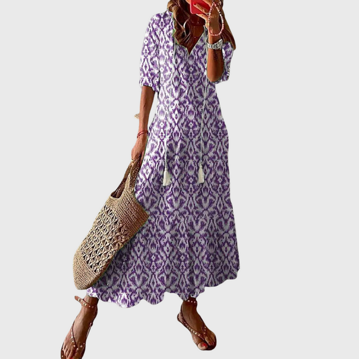 Béatrice | Robe Vintage Boho avec Décolleté en V et Motif de Boutons