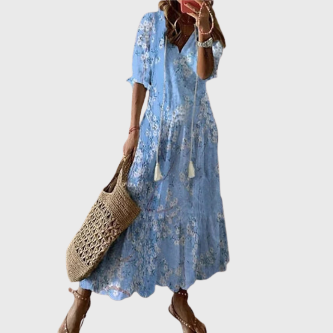 Béatrice | Robe Vintage Boho avec Décolleté en V et Motif à Boutons