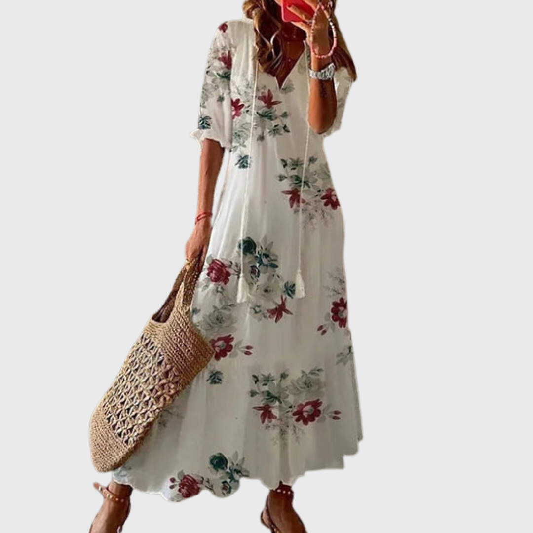 Béatrice | Robe Vintage Boho avec Décolleté en V et Motif à Boutons