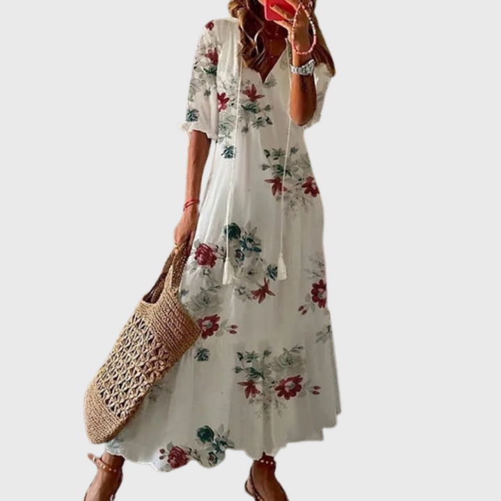 Béatrice | Robe Vintage Boho avec Décolleté en V et Motif à Boutons