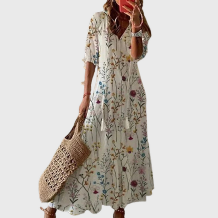 Béatrice | Robe Vintage Boho avec Décolleté en V et Motif de Boutons