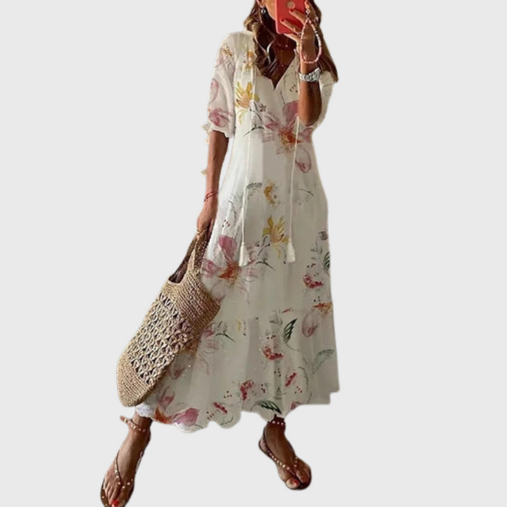 Béatrice | Robe Vintage Boho avec Décolleté en V et Motif à Boutons
