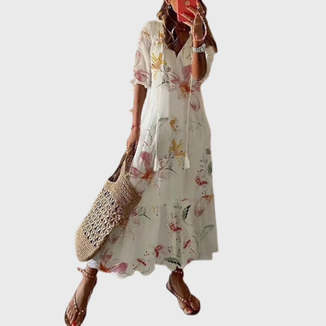 Béatrice | Robe Vintage Boho avec Décolleté en V et Motif de Boutons