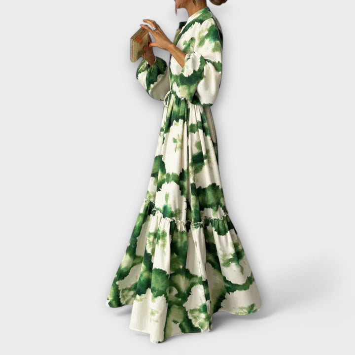 Melina - Robe Maxi Verte avec Manches Longues et Décolleté en V