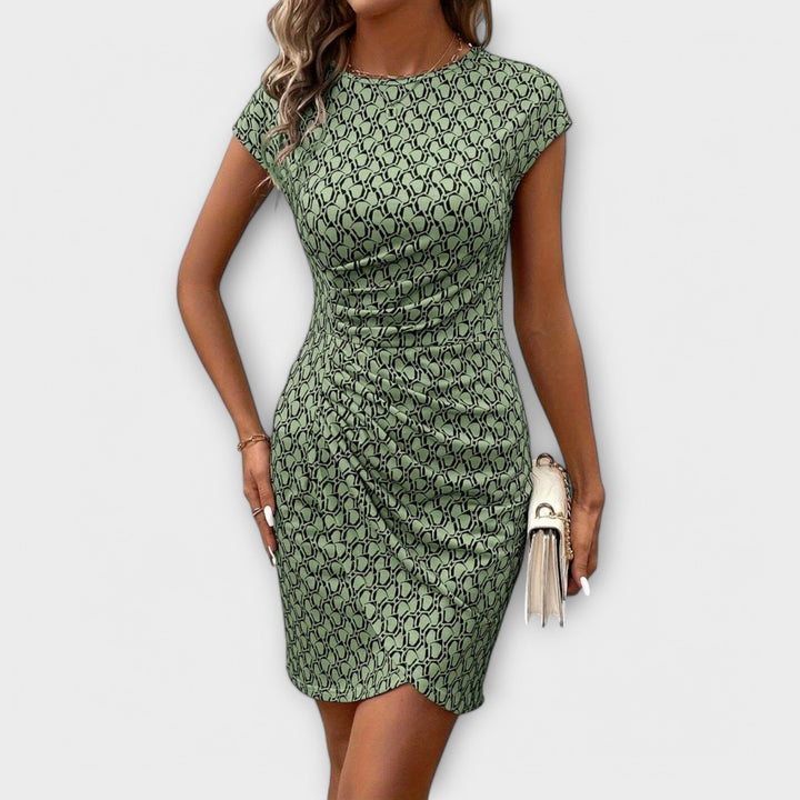 Emma - Robe Tulipe à Manches Courtes avec Motif Intégral