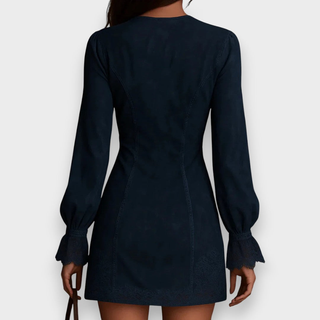 Jane | Robe mini en daim bleu avec dentelle