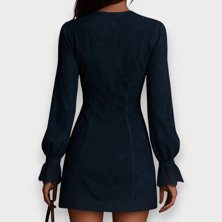 Jane | Robe mini en daim bleu avec dentelle