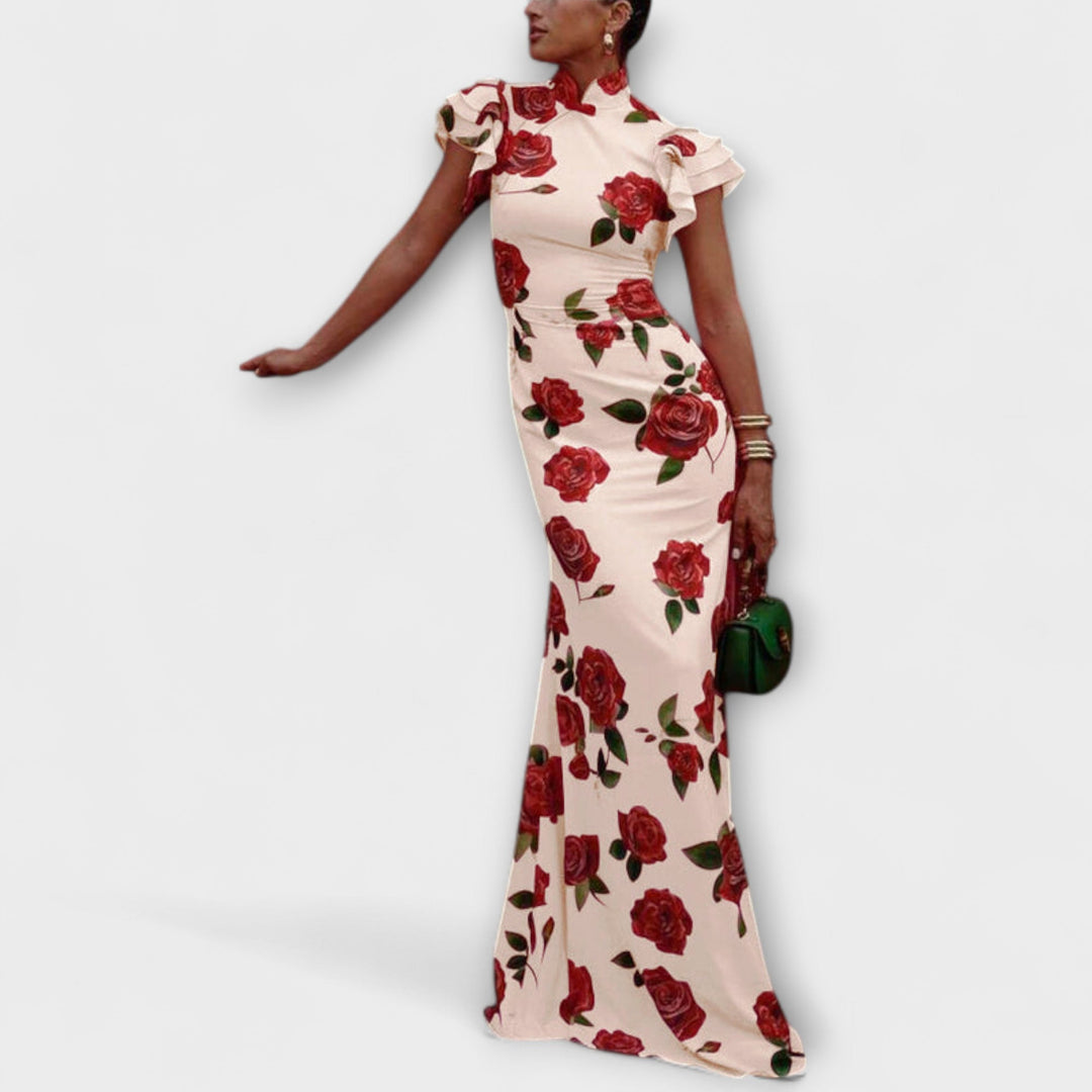 Luna - Robe Maxi avec Imprimé Floral, Découpe Étagée et Manches Cloche
