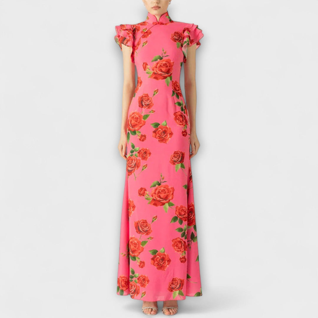 Luna - Robe Maxi avec Imprimé Floral, Découpe Étagée et Manches Cloche