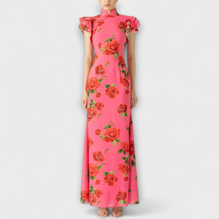 Luna - Robe Maxi avec Imprimé Floral, Découpe Étagée et Manches Cloche
