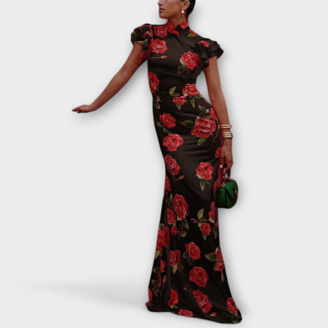 Luna - Robe Maxi avec Imprimé Floral, Découpe Étagée et Manches Cloche