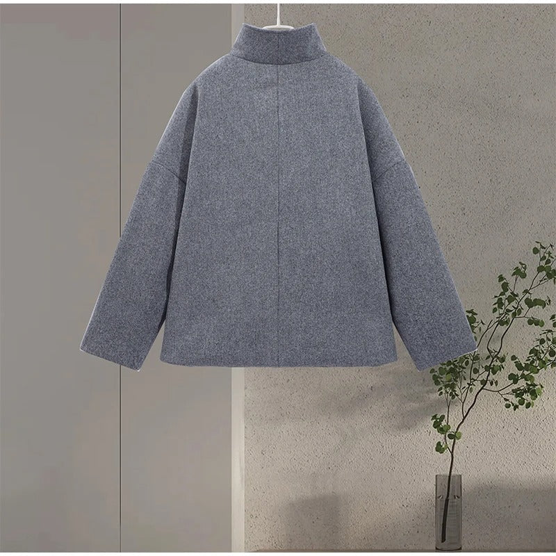 Manteau élégant femmes mélange de laine avec boutons – Vêtement d'hiver à col montant