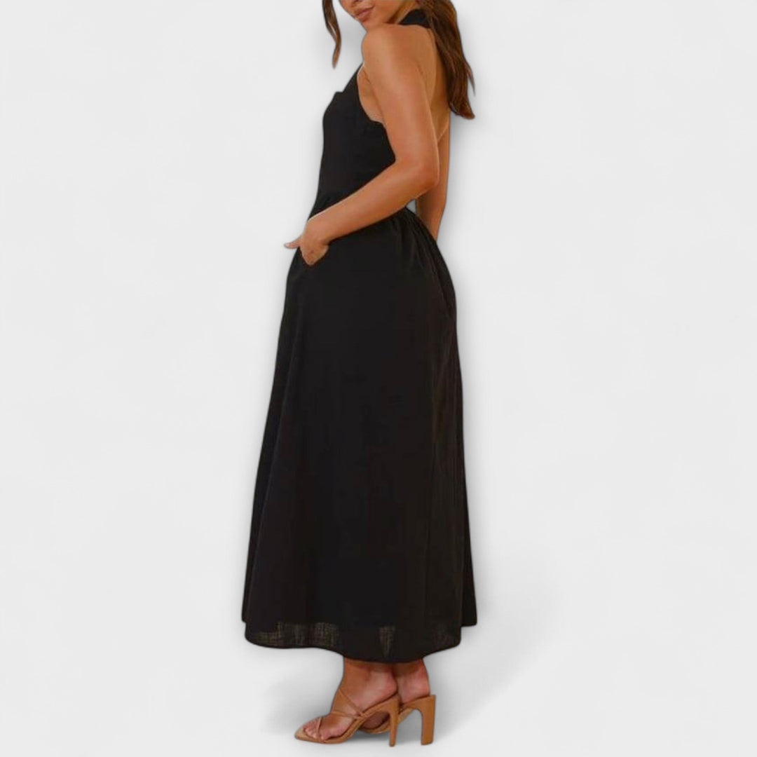 Lydia - Robe noire mi-longue à dos nu avec détail à la taille