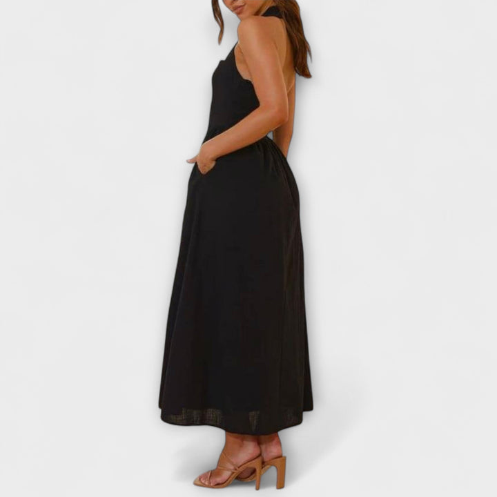 Lydia - Robe noire mi-longue à dos nu avec détail à la taille