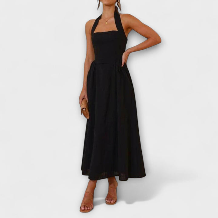 Lydia - Robe noire mi-longue à dos nu avec détail à la taille