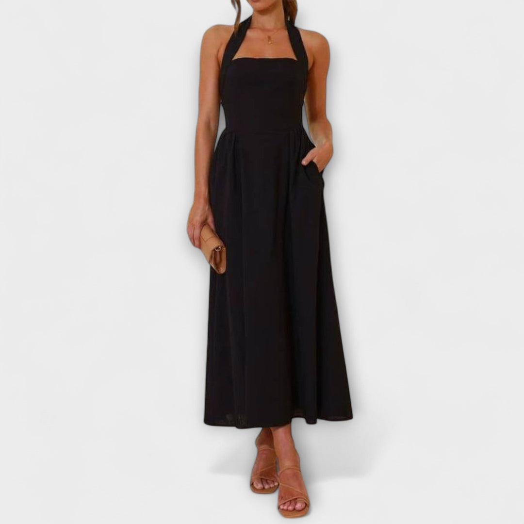 Lydia - Robe noire mi-longue à dos nu avec détail à la taille