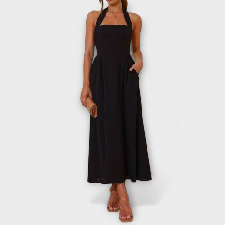 Lydia - Robe noire mi-longue à dos nu avec détail à la taille