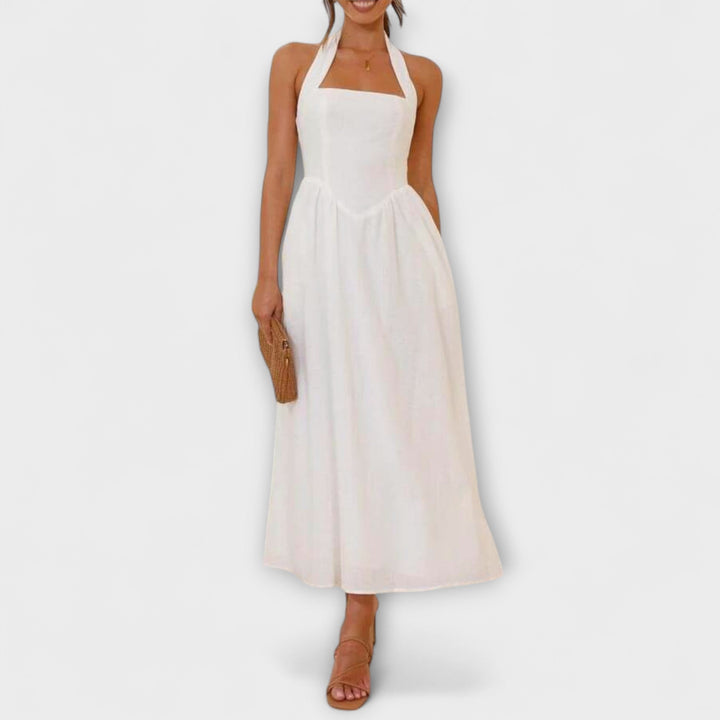Lydia - Robe noire mi-longue à dos nu avec détail à la taille