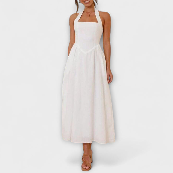 Lydia - Robe noire mi-longue à dos nu avec détail à la taille
