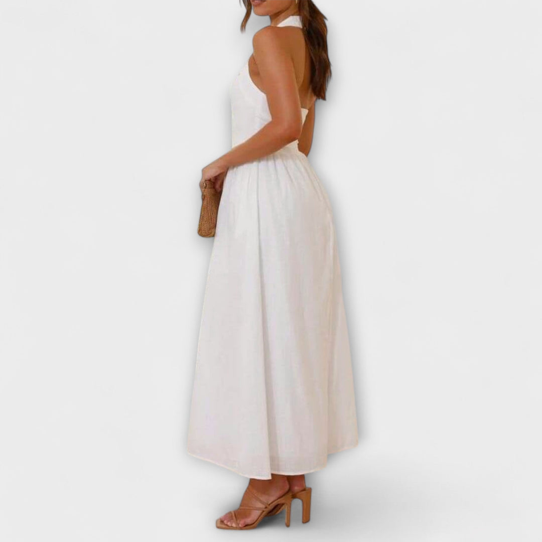 Lydia - Robe noire mi-longue à dos nu avec détail à la taille