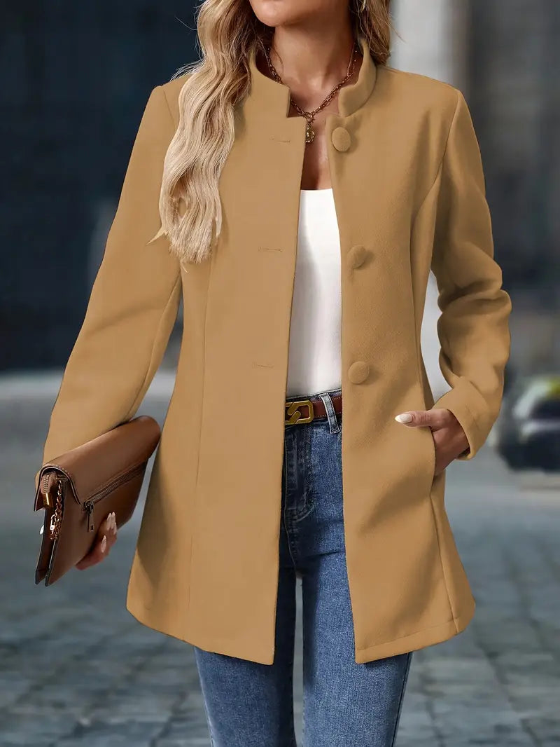 Manteau d’Hiver Mi-Long Élégant pour Femme – Manteau à Col Montant Boutonné