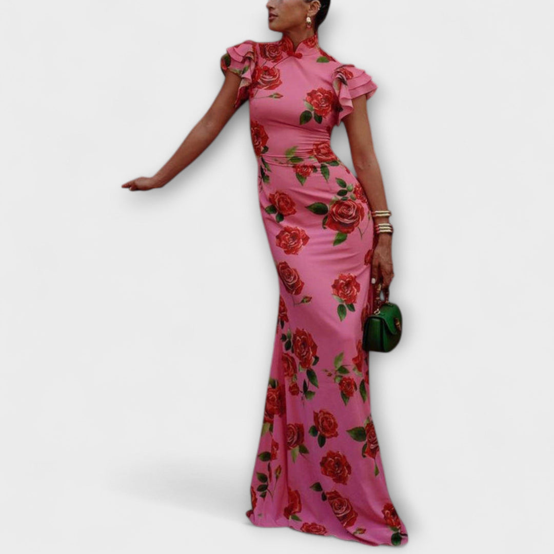 Luna - Robe Maxi avec Imprimé Floral, Découpe Étagée et Manches Cloche