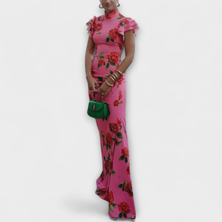 Luna - Robe Maxi avec Imprimé Floral, Découpe Étagée et Manches Cloche